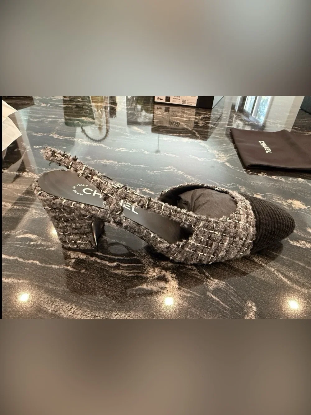 CHANEL Black and Gray Tweed Slingback Heel